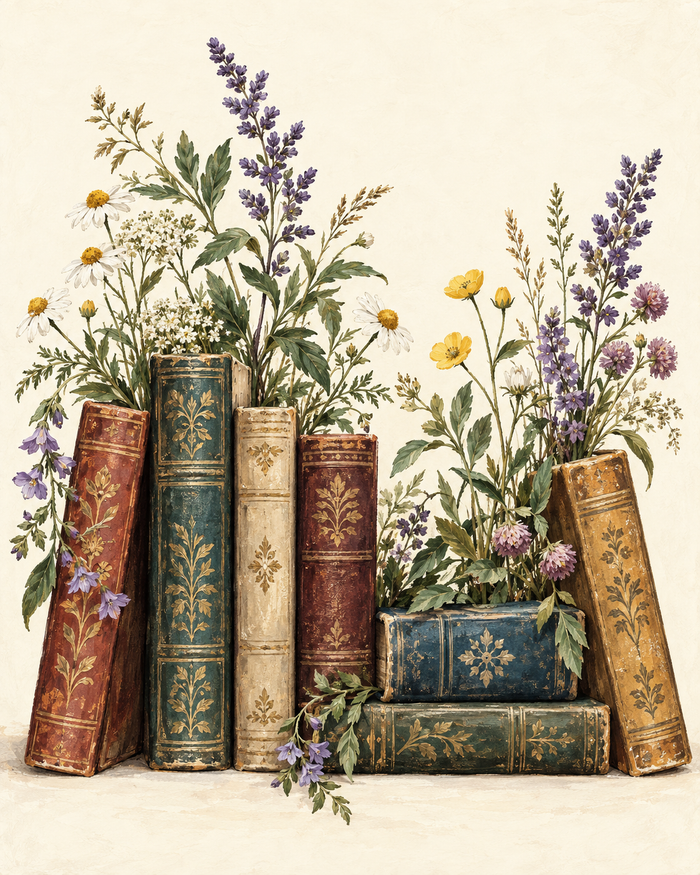Vintage books and delicate wildflowers come together in a soft, botanical still life.