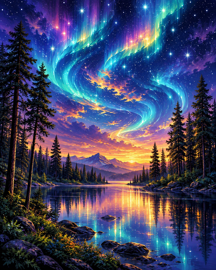 Luminous northern lights and stars shine above a forest lake with colourful reflections.