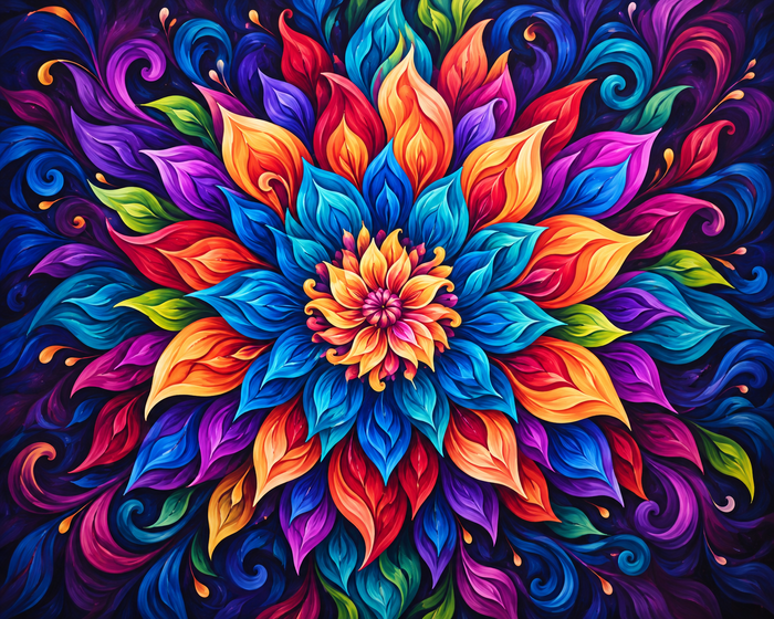 Bright, radiating flowers and layered botanical patterns create a lively, colourful garden design.
