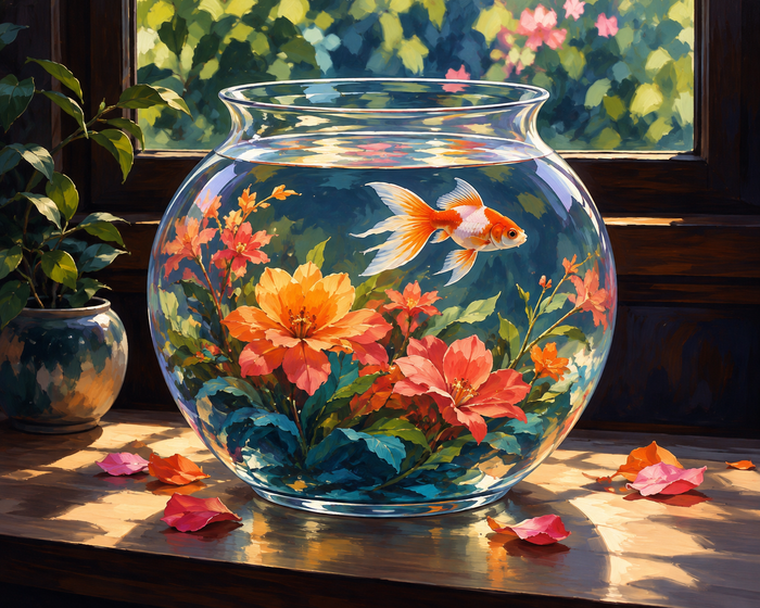 A glass goldfish bowl, fresh flowers and window light create a colourful, cosy still life.