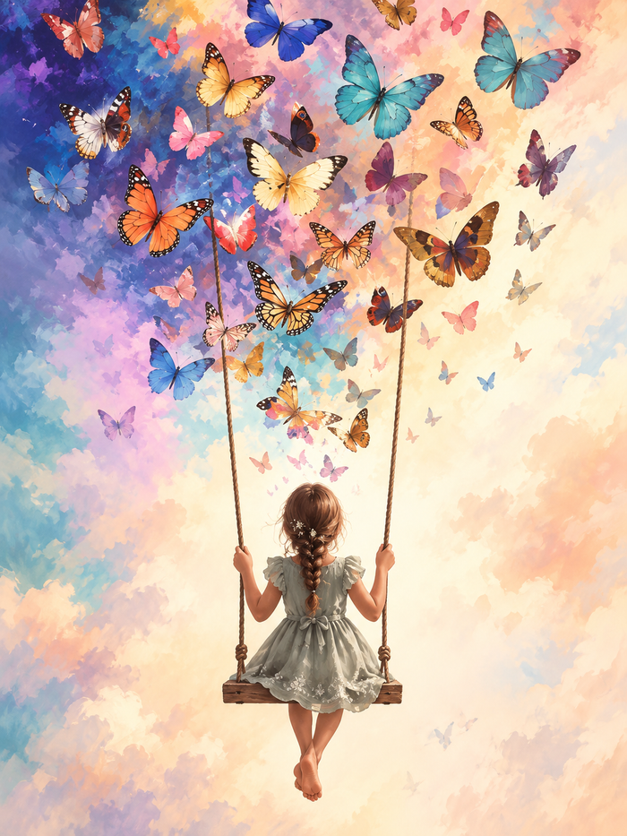 A girl on a swing watches butterflies drift through a dreamy scene in soft peach and lavender tones.