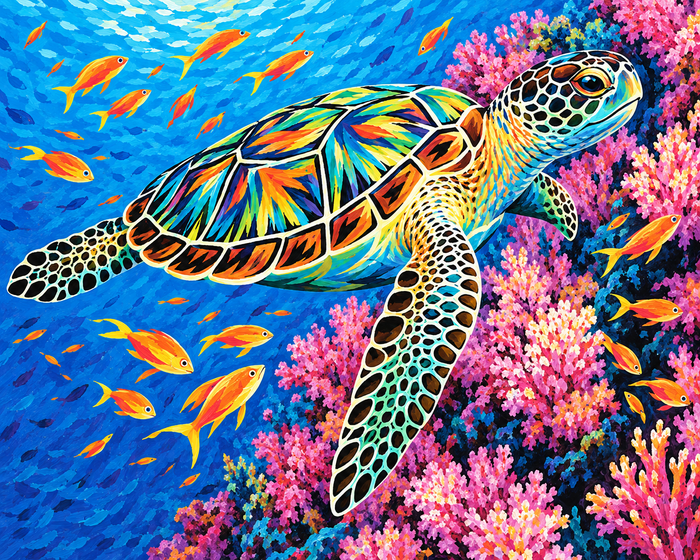A sea turtle swims through blue water above colourful coral and tropical fish.