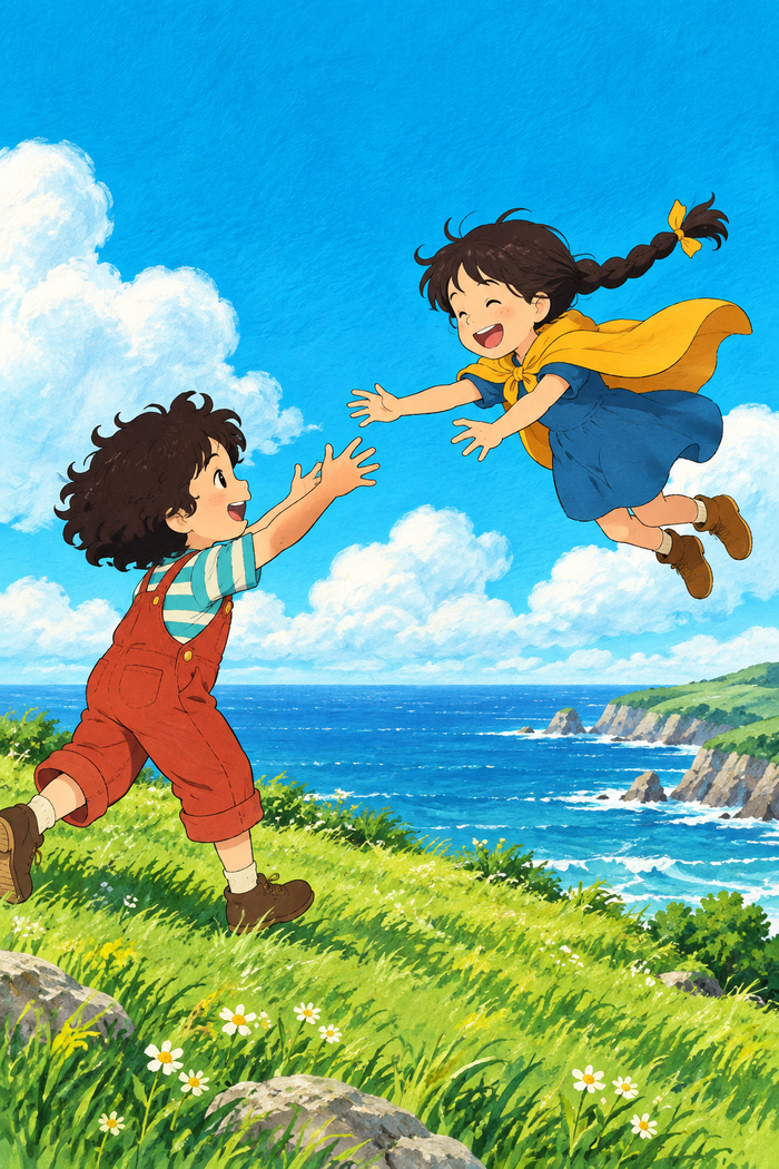 Two cheerful characters reach towards each other above a grassy coast in a bright, animated fantasy scene.