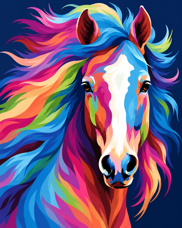 A striking horse portrait with flowing, multicoloured mane and bold colour against a dark background.