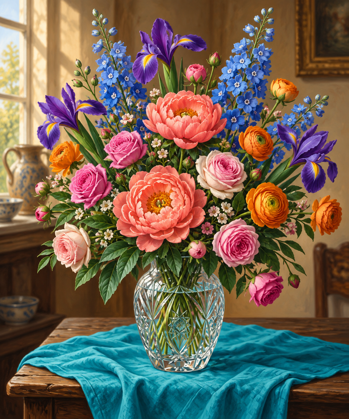A layered bouquet in a glass vase brings colourful petals and a turquoise tablecloth into a classic still life.