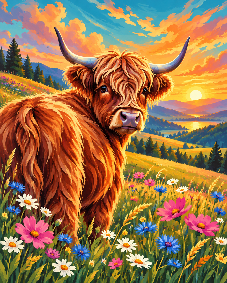 Highland Cow and Flowers Paint by Numbers Kit