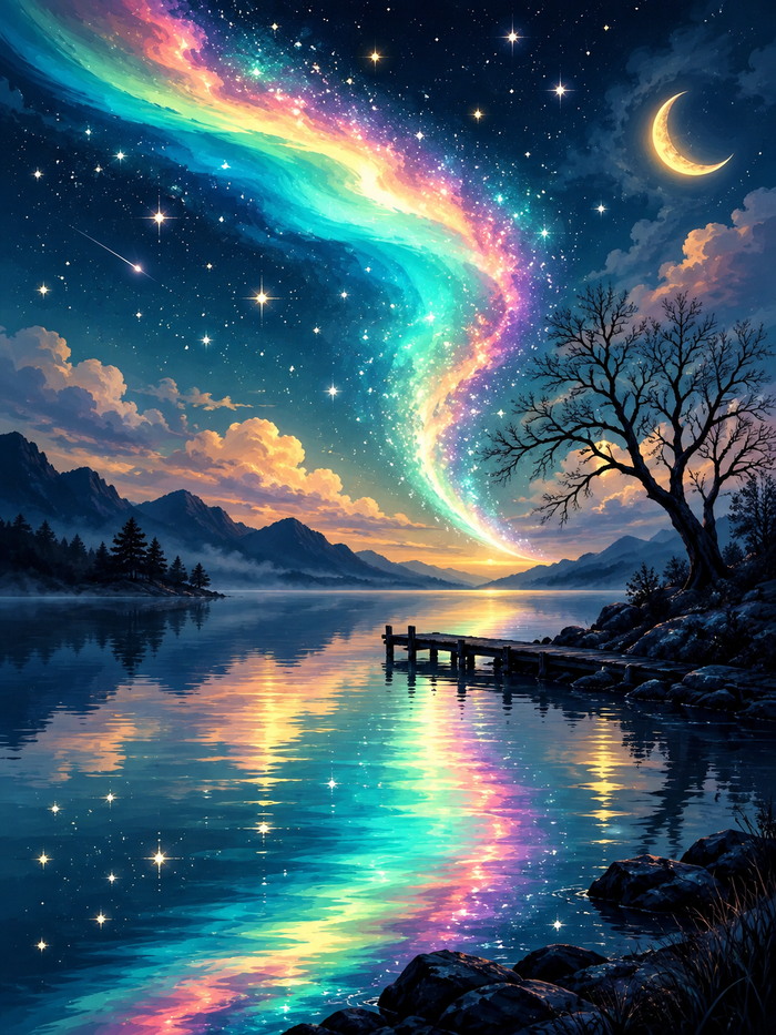 A crescent moon, glowing aurora and a quiet jetty reflect across a fantasy lake.