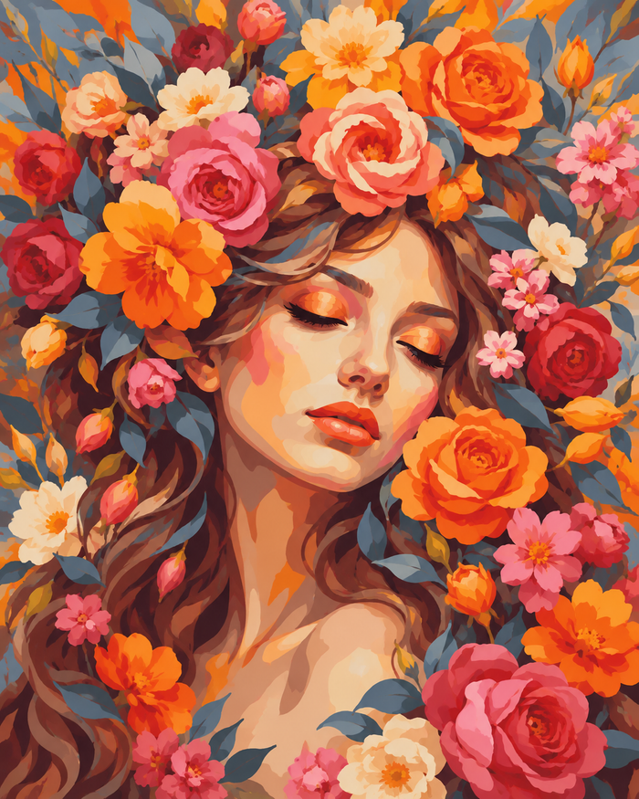 A peaceful female portrait framed by rich orange and rose-coloured flowers against cool blue tones.