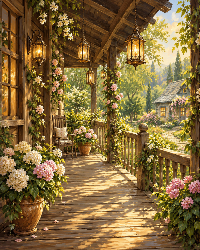 Glowing lanterns, garden flowers and a wooden porch bring warm evening light to this garden scene.