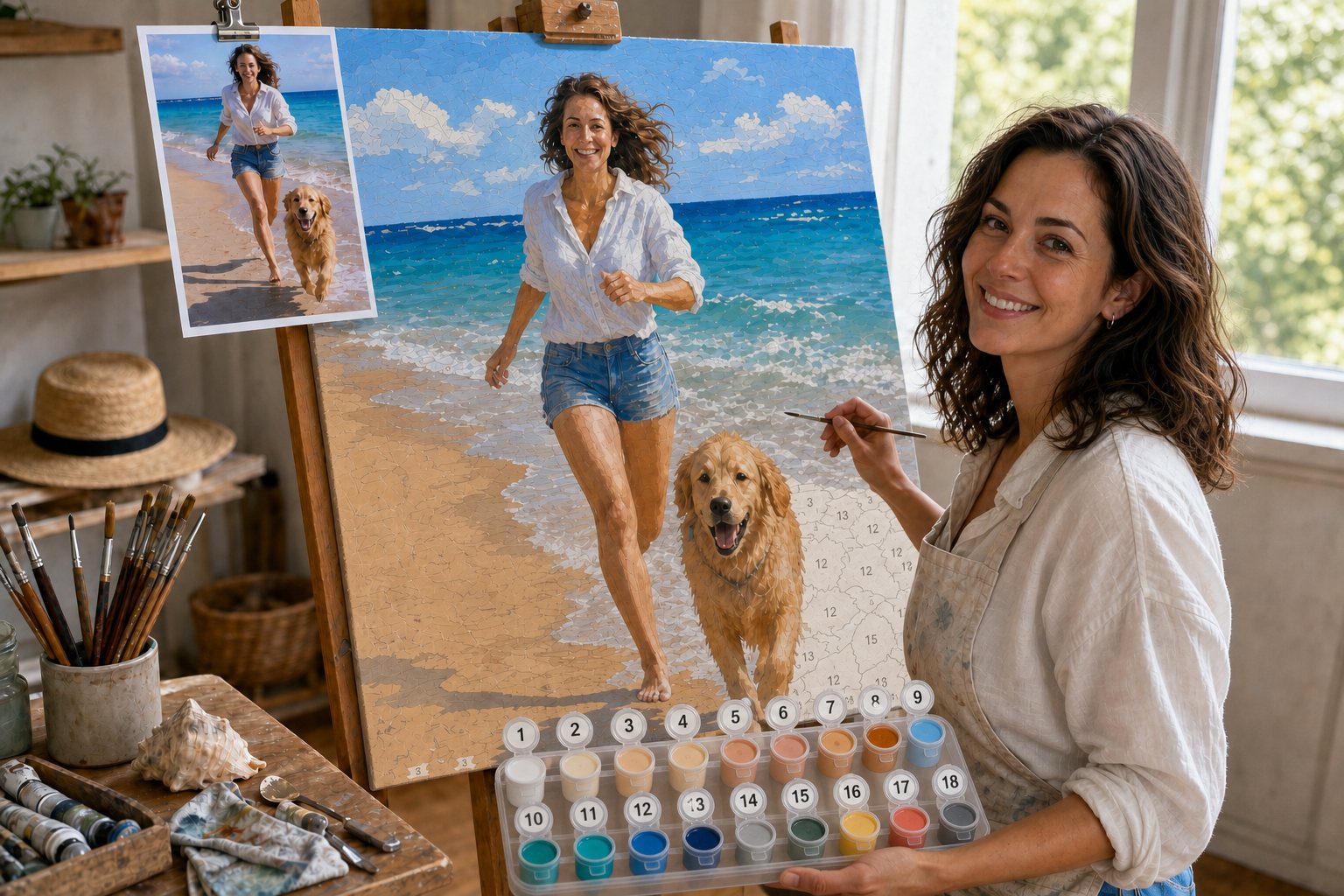 A customer painting her own beach photo