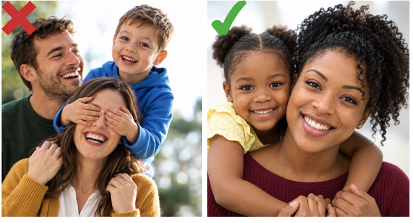 Left: blown-out background, and a hand across the face. Right: soft even light, every feature clearly visible.