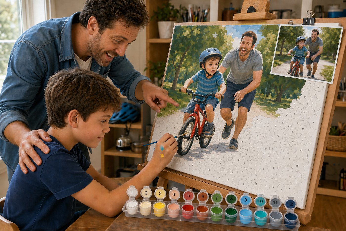 A father and son painting their photo together